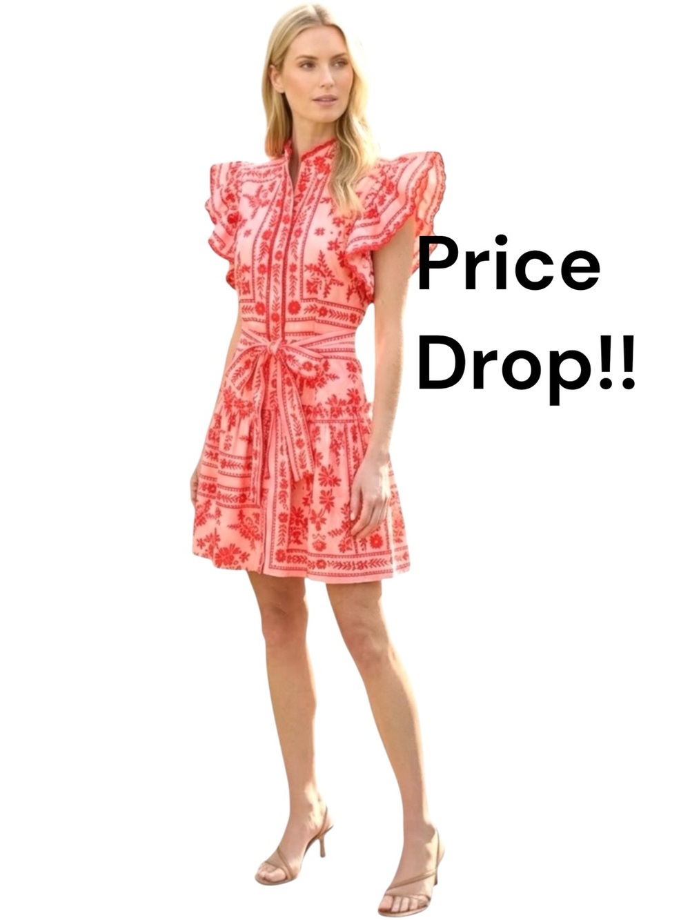 LOVE WEDNESDAY Pink and red floral Print Tie-Waist Cotton Dress Sz M Adorable!!